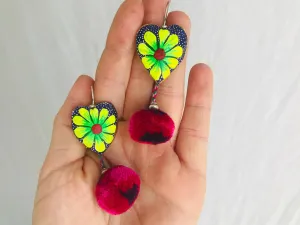 Alebrije Heart & Pompom Earrings. Sterling Silver. Oaxaca, Mexico.