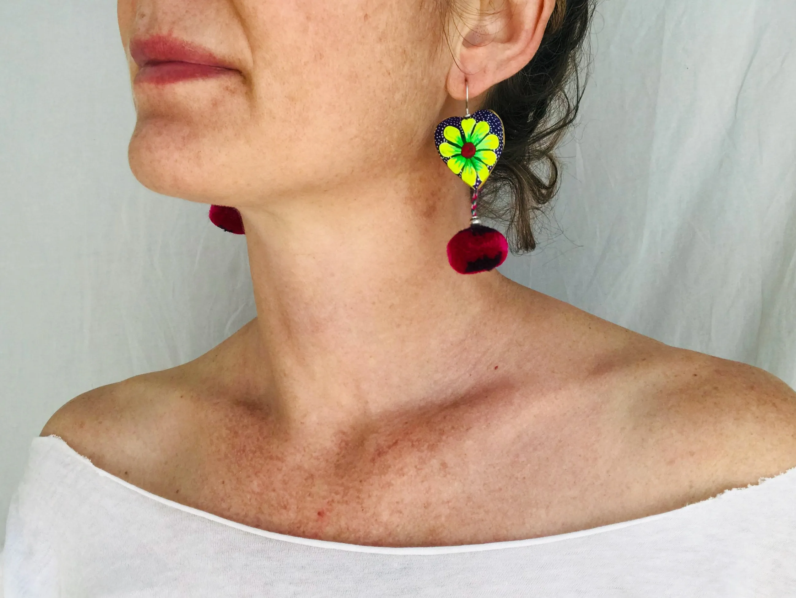 Alebrije Heart & Pompom Earrings. Sterling Silver. Oaxaca, Mexico.
