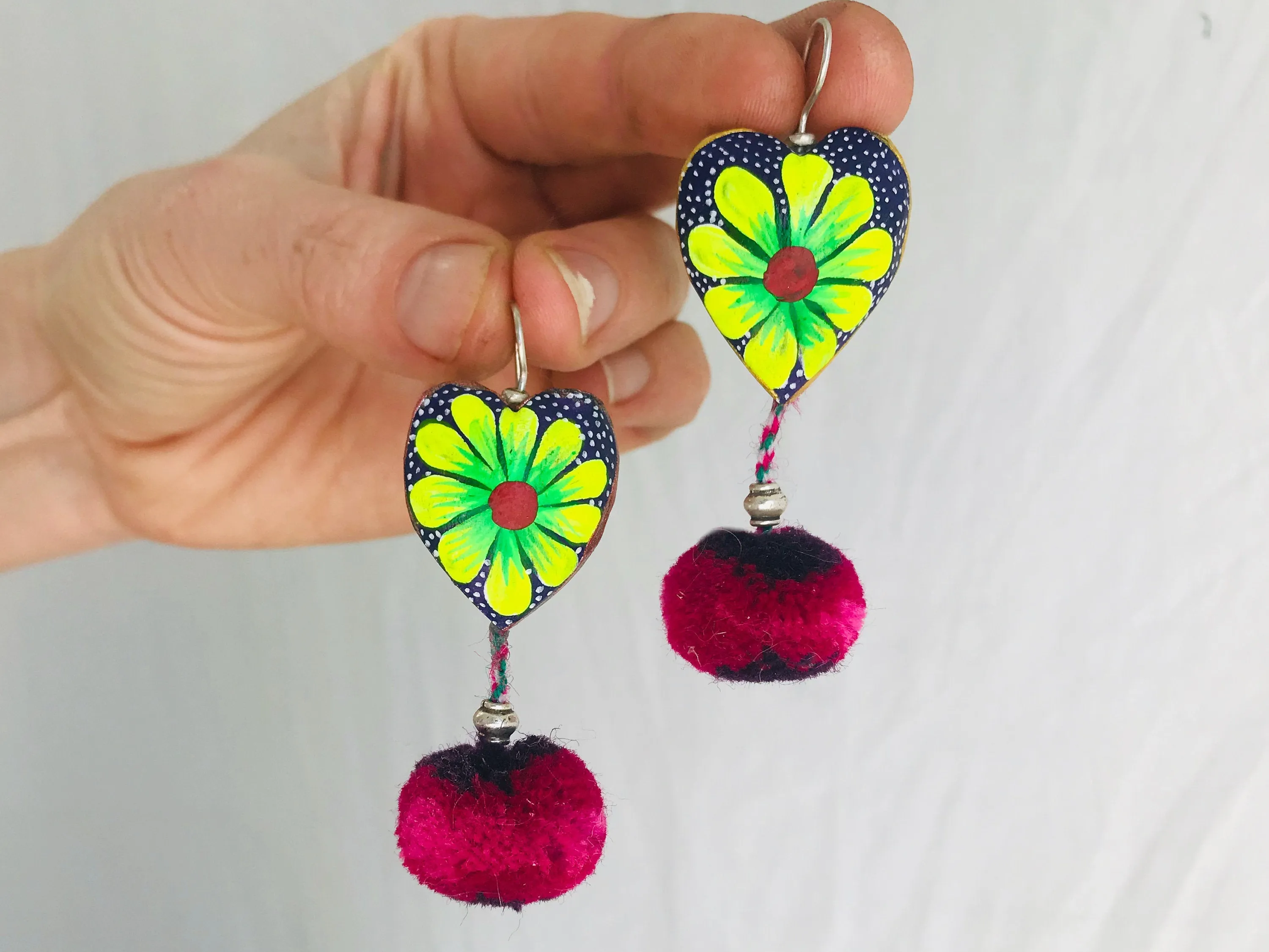 Alebrije Heart & Pompom Earrings. Sterling Silver. Oaxaca, Mexico.