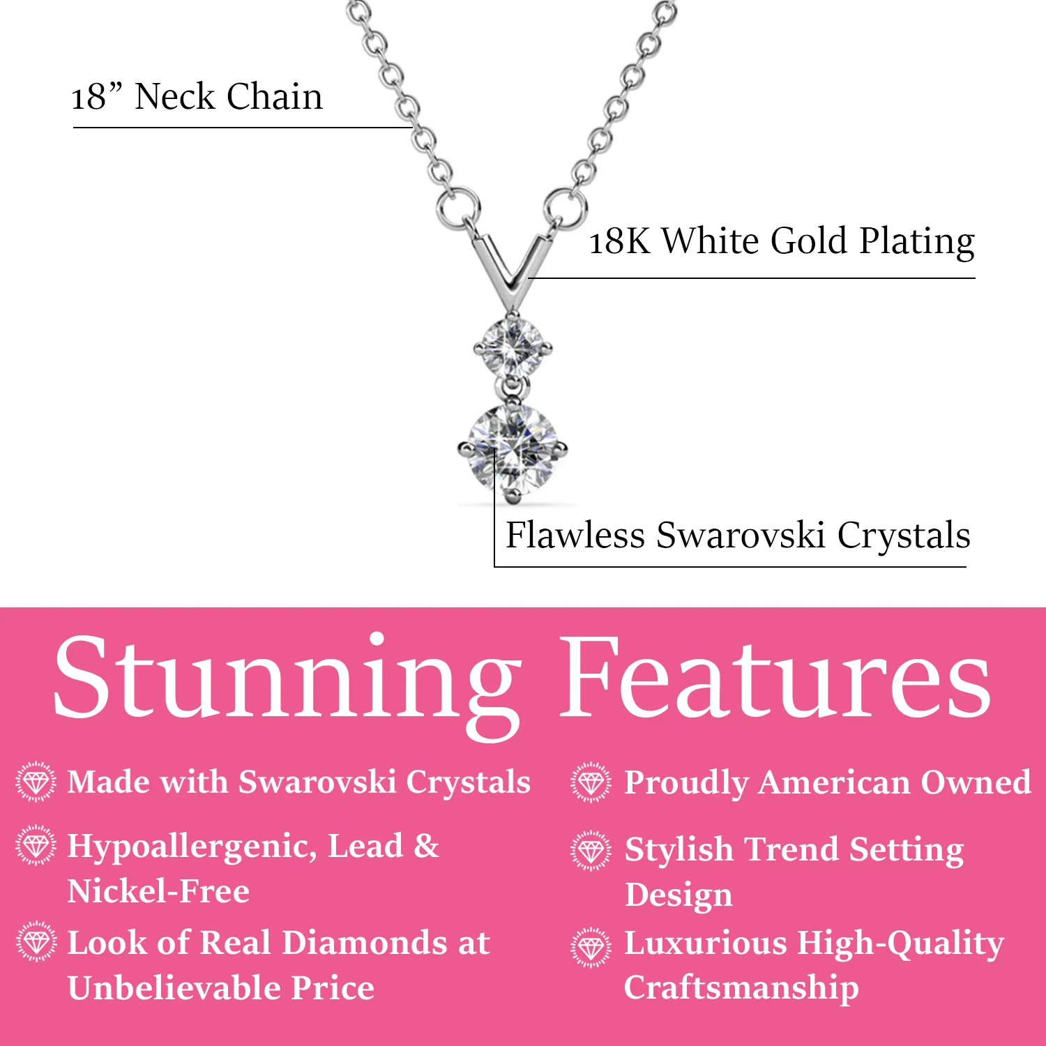 Andy 18k White Gold Plated 2-Stone Pendant Necklace with Swarovski Crystals