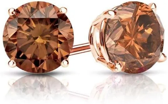 ANGEL SALES 1.05 Ctw Round Cut Brown Diamond Stud Earrings with 14k Rose Gold Finish 925 Sterling Silver