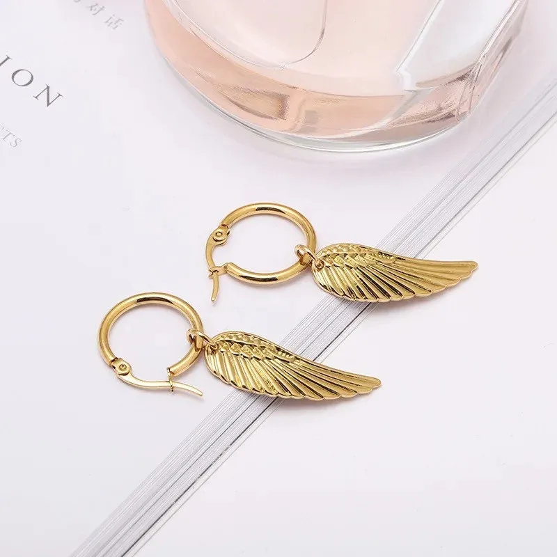 Angel Wing Earrings | Hoop | Dangling | Drop | Gold | Stainless Steel | Gift
