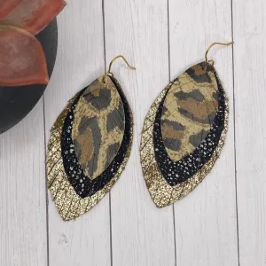 Animal Print Black and Gold Large Leather Feather Earrings