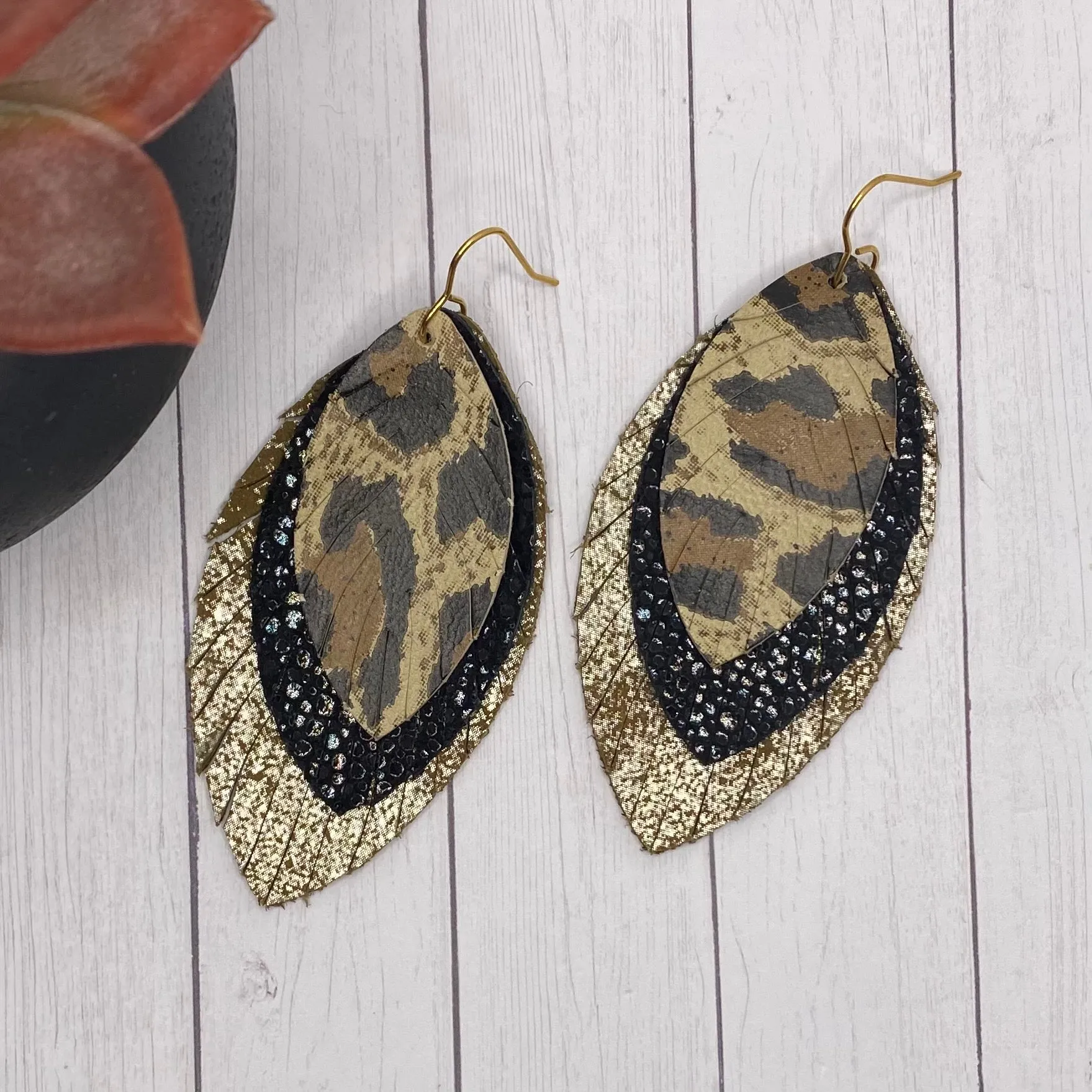 Animal Print Black and Gold Large Leather Feather Earrings