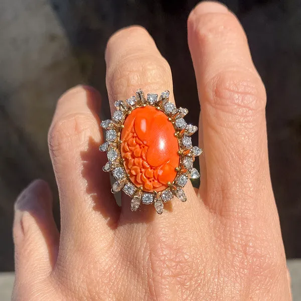 Antique Carved Coral & Diamond Ring