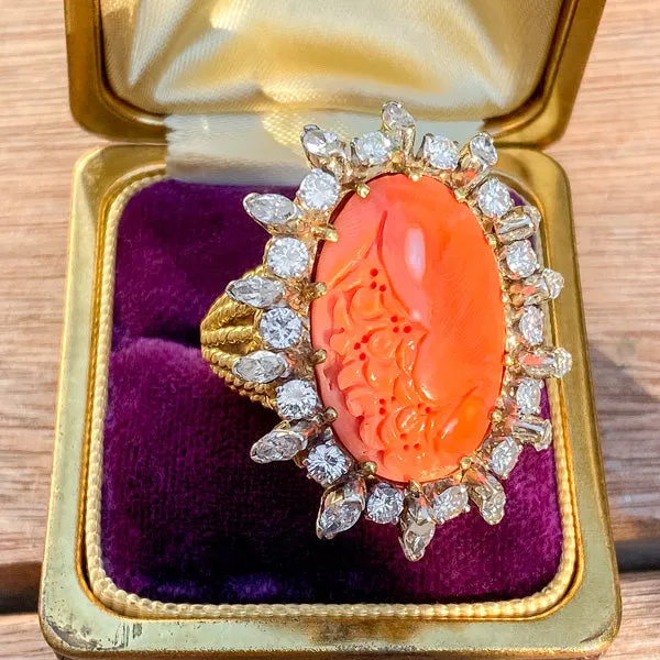 Antique Carved Coral & Diamond Ring