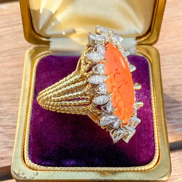 Antique Carved Coral & Diamond Ring