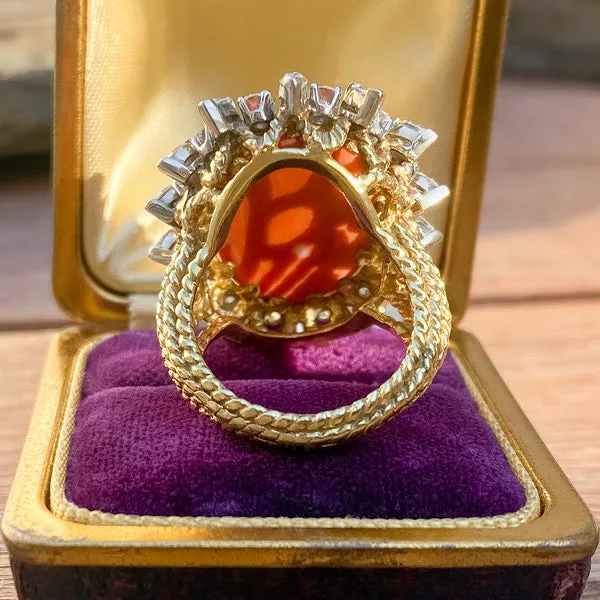 Antique Carved Coral & Diamond Ring