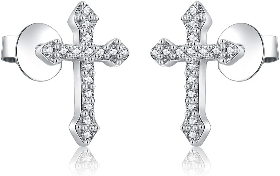 AoedeJ Cross Stud Earrings Sterling Silver Cubic Zirconia Religious Cross Earrings Stud for Women and Men