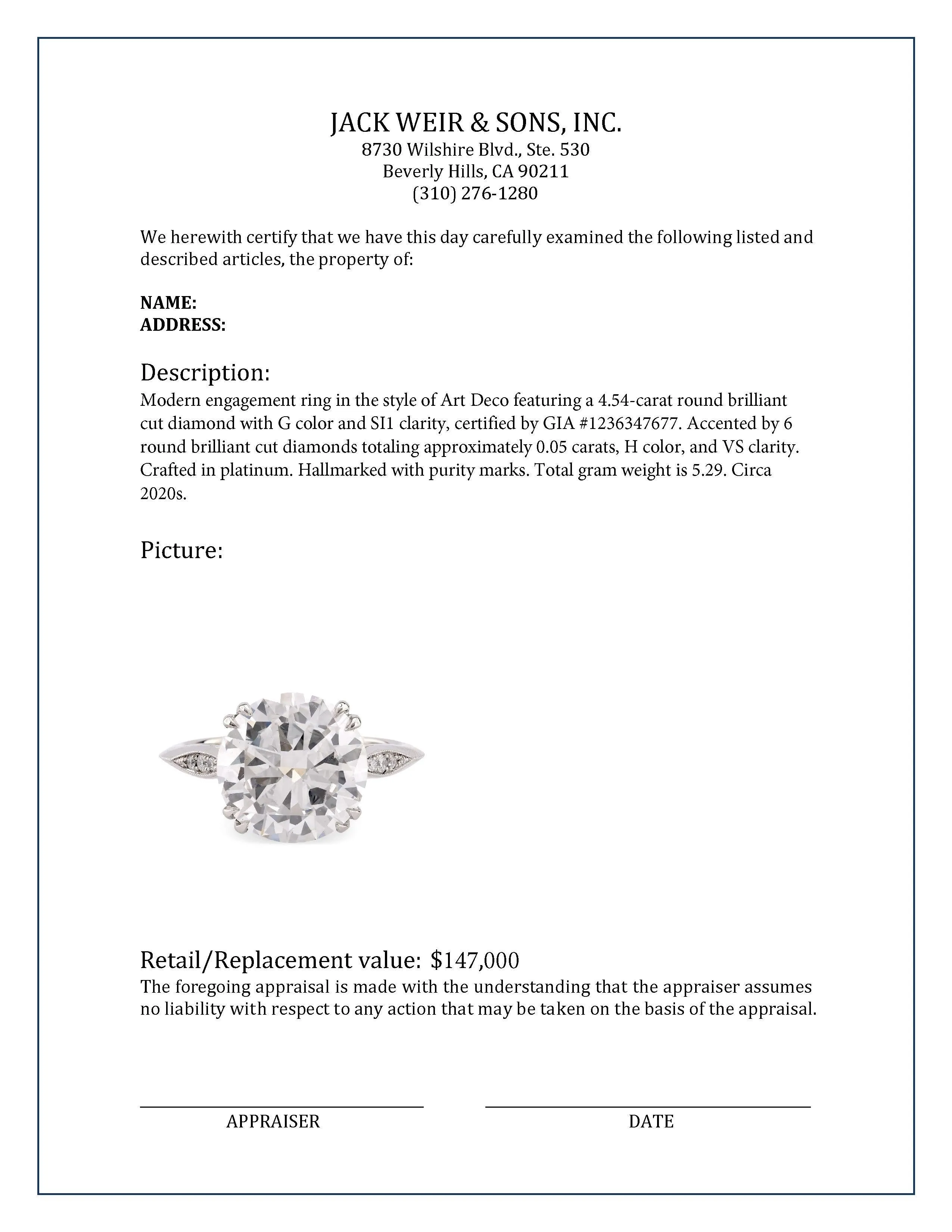 Art Deco Style GIA 4.54 Carat Round Brilliant Diamond Platinum Engagement Ring