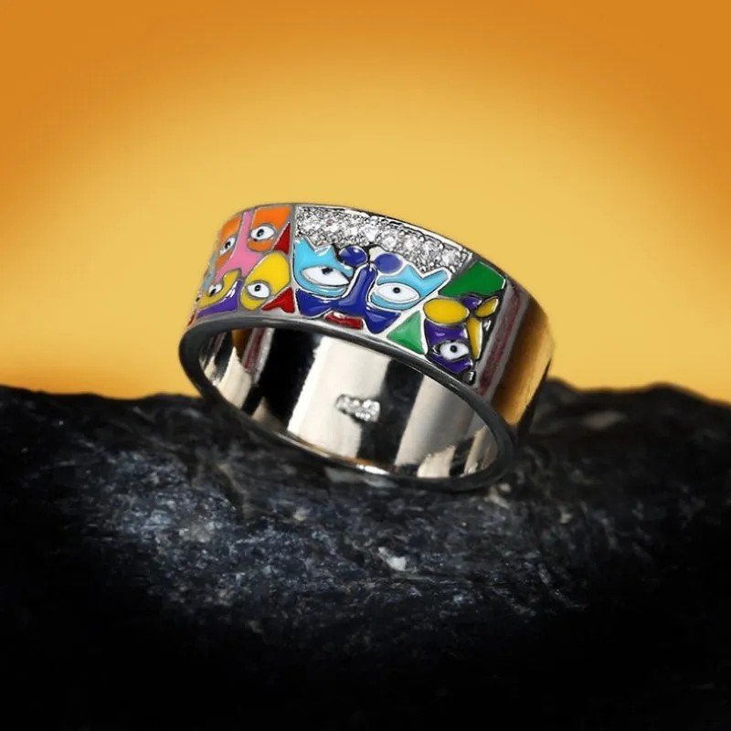 Artistic Colorful Abstract Enamel Face Shapes Thick Band Rings