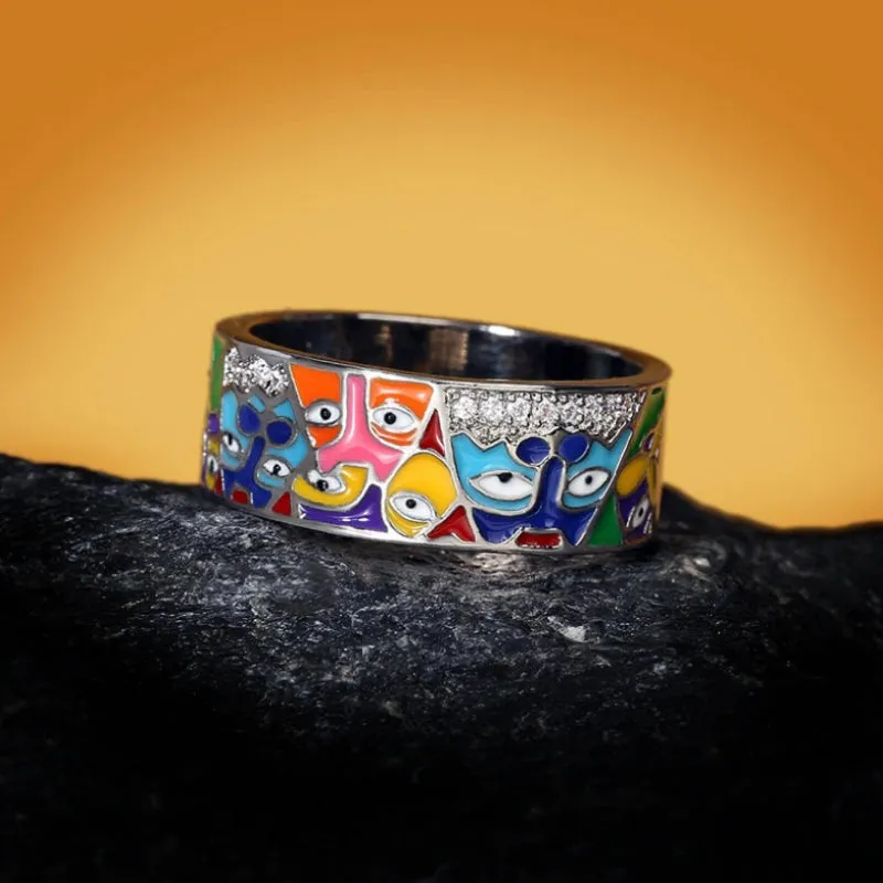 Artistic Colorful Abstract Enamel Face Shapes Thick Band Rings