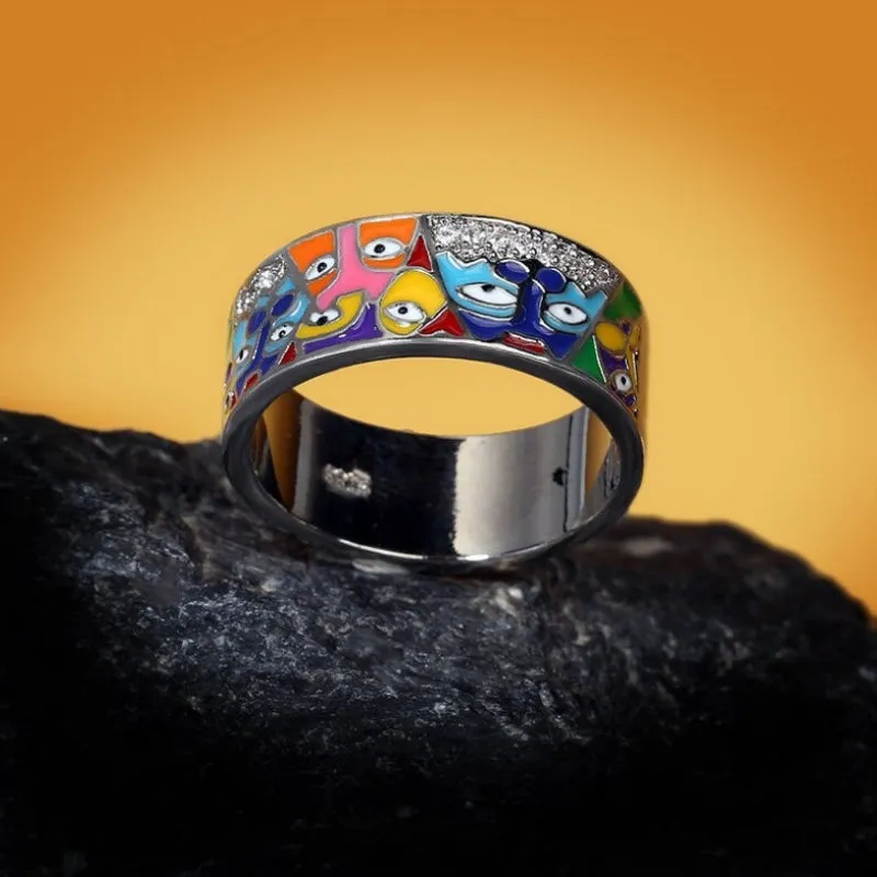 Artistic Colorful Abstract Enamel Face Shapes Thick Band Rings