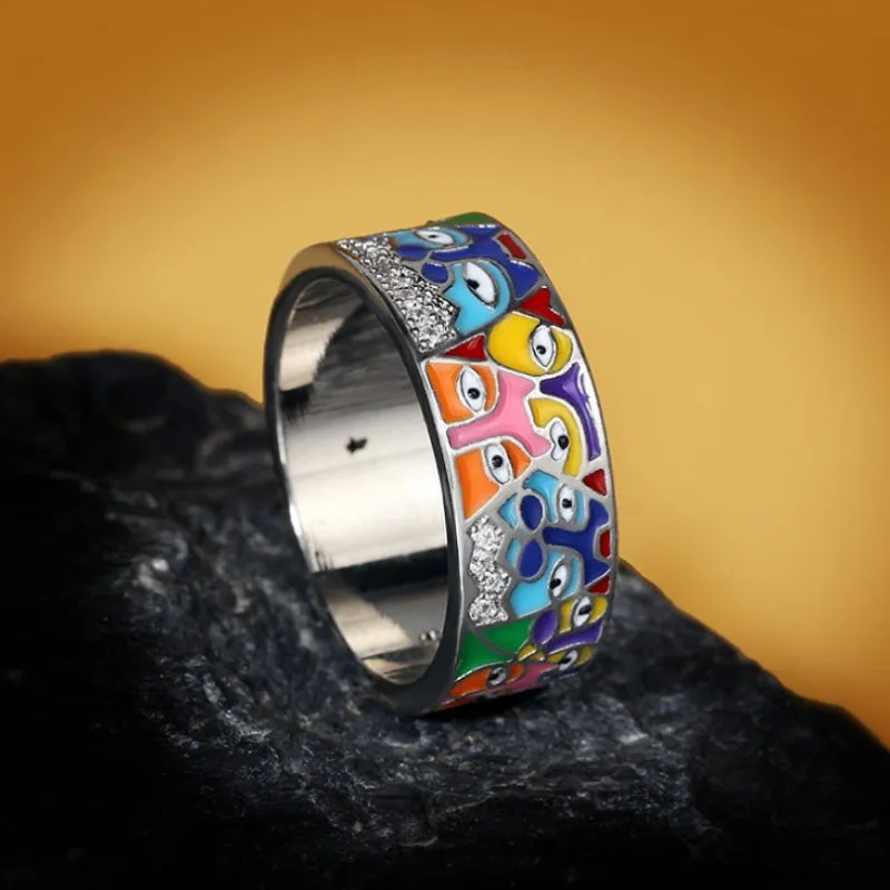 Artistic Colorful Abstract Enamel Face Shapes Thick Band Rings