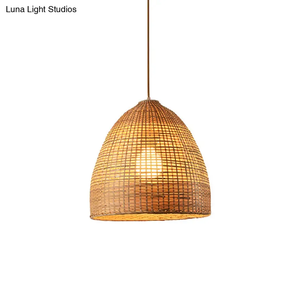 Asia Bamboo Tearoom Pendant Light - Crisscross-Woven Bowl/Oval/Bell, Beige, 9"/14"/16" Wide