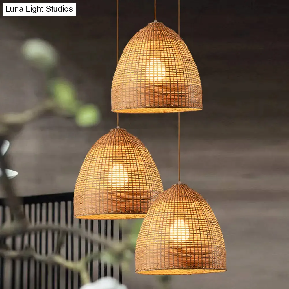 Asia Bamboo Tearoom Pendant Light - Crisscross-Woven Bowl/Oval/Bell, Beige, 9"/14"/16" Wide