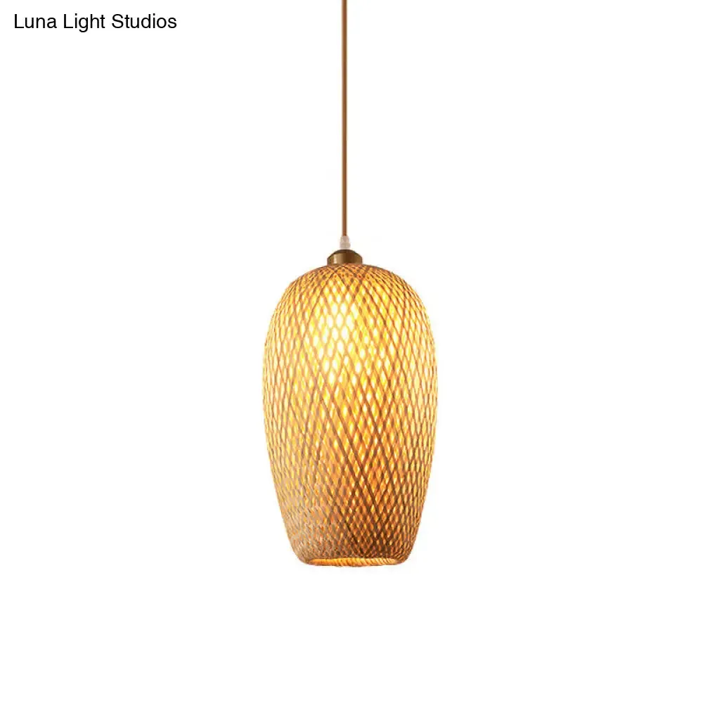 Asia Bamboo Tearoom Pendant Light - Crisscross-Woven Bowl/Oval/Bell, Beige, 9"/14"/16" Wide