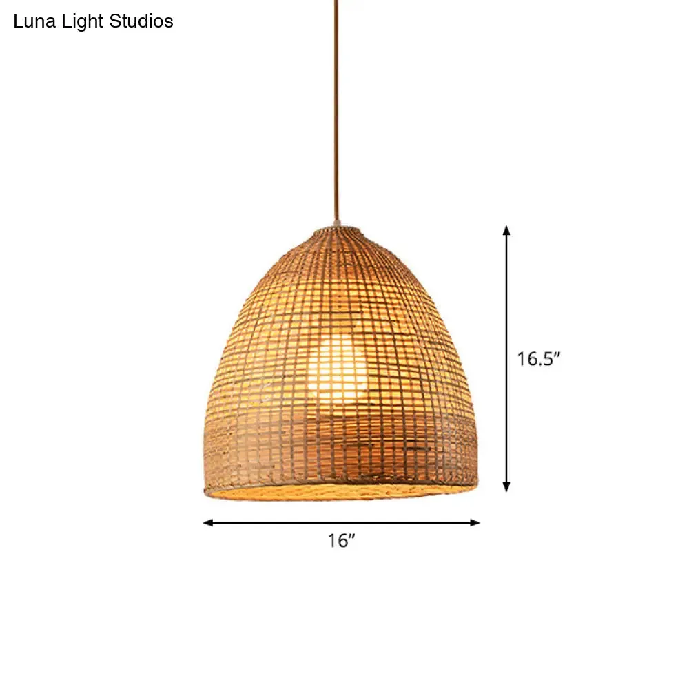 Asia Bamboo Tearoom Pendant Light - Crisscross-Woven Bowl/Oval/Bell, Beige, 9"/14"/16" Wide