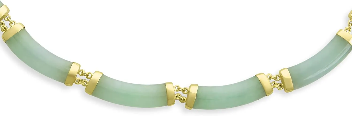 Asian Style Gemstone Genuine Multi Color Yellow Red White Green Jade Black Onyx Strand Slender Tube Bar Link Necklace Collar For Women 14K Yellow Gold Plated .925 Sterling Silver 16-18 Inch