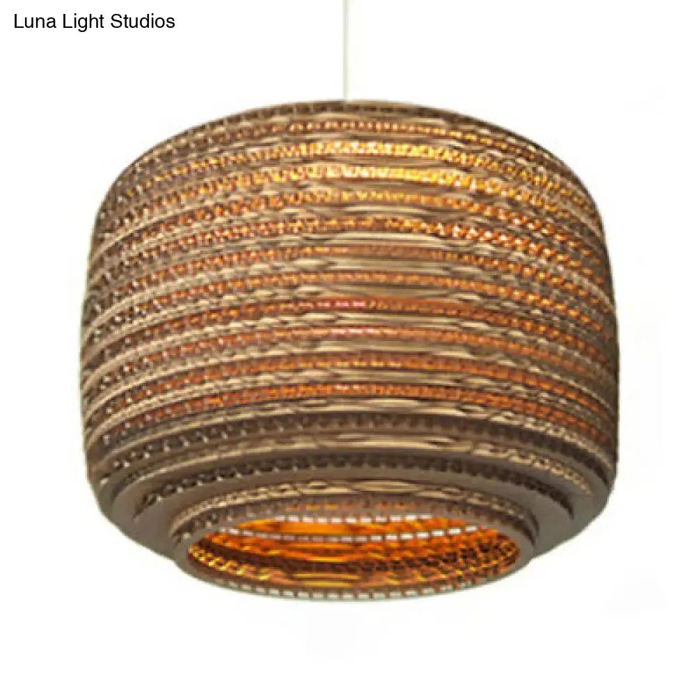 Asian Stylish Brown Corrugated Paper Pendant Lamp with Drum Shape and Globe Design - 1 Light Indoor Suspension Light