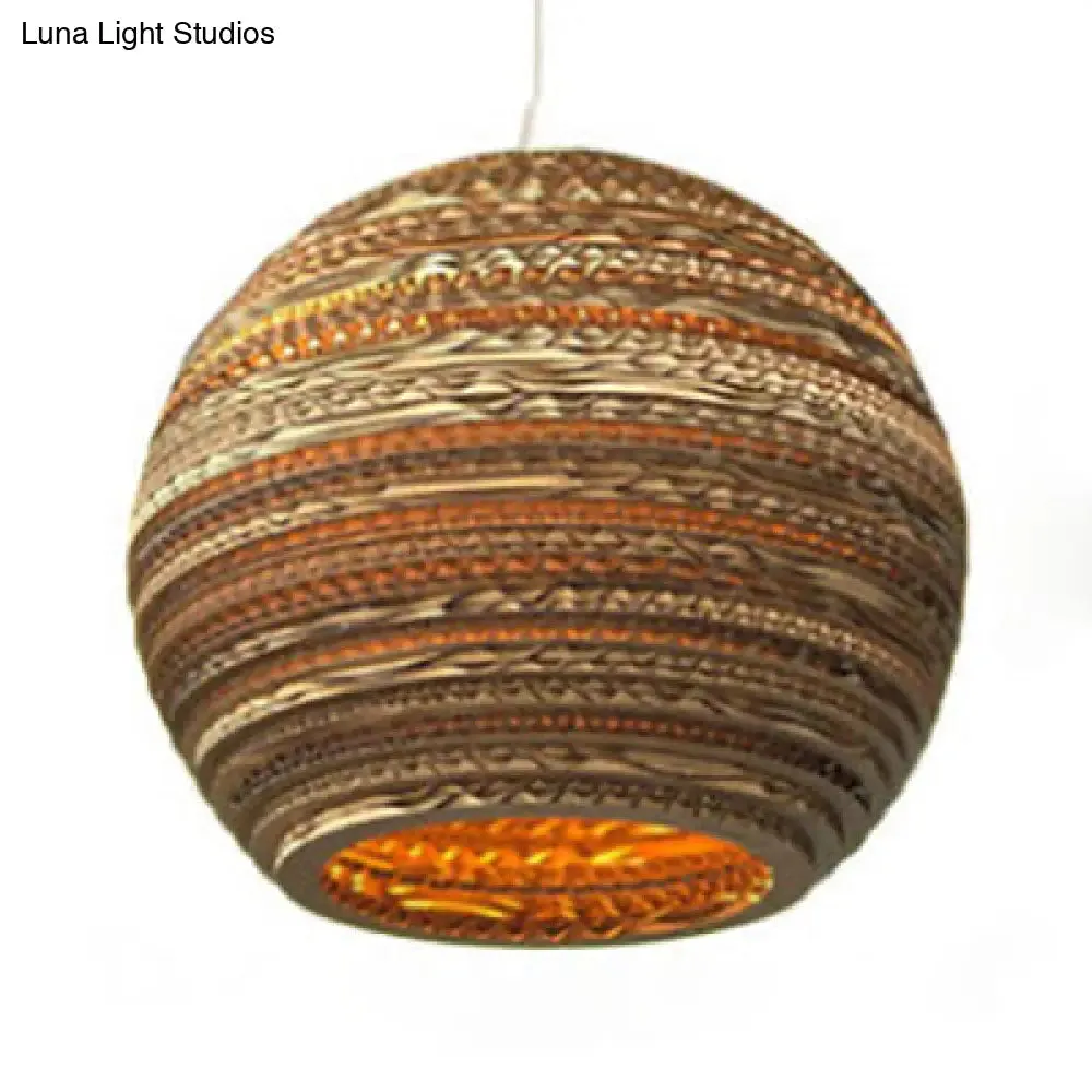 Asian Stylish Brown Corrugated Paper Pendant Lamp with Drum Shape and Globe Design - 1 Light Indoor Suspension Light