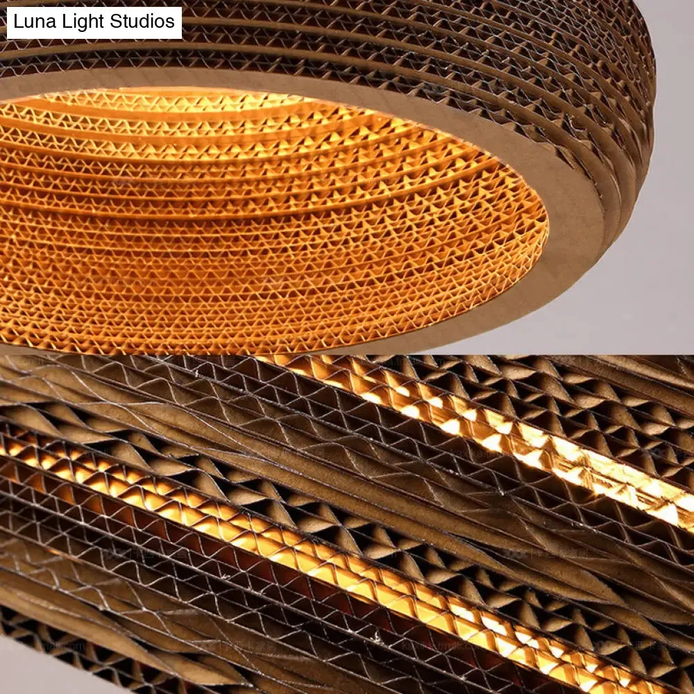 Asian Stylish Brown Corrugated Paper Pendant Lamp with Drum Shape and Globe Design - 1 Light Indoor Suspension Light