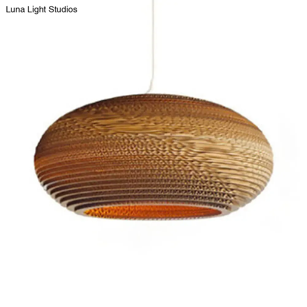 Asian Stylish Brown Corrugated Paper Pendant Lamp with Drum Shape and Globe Design - 1 Light Indoor Suspension Light