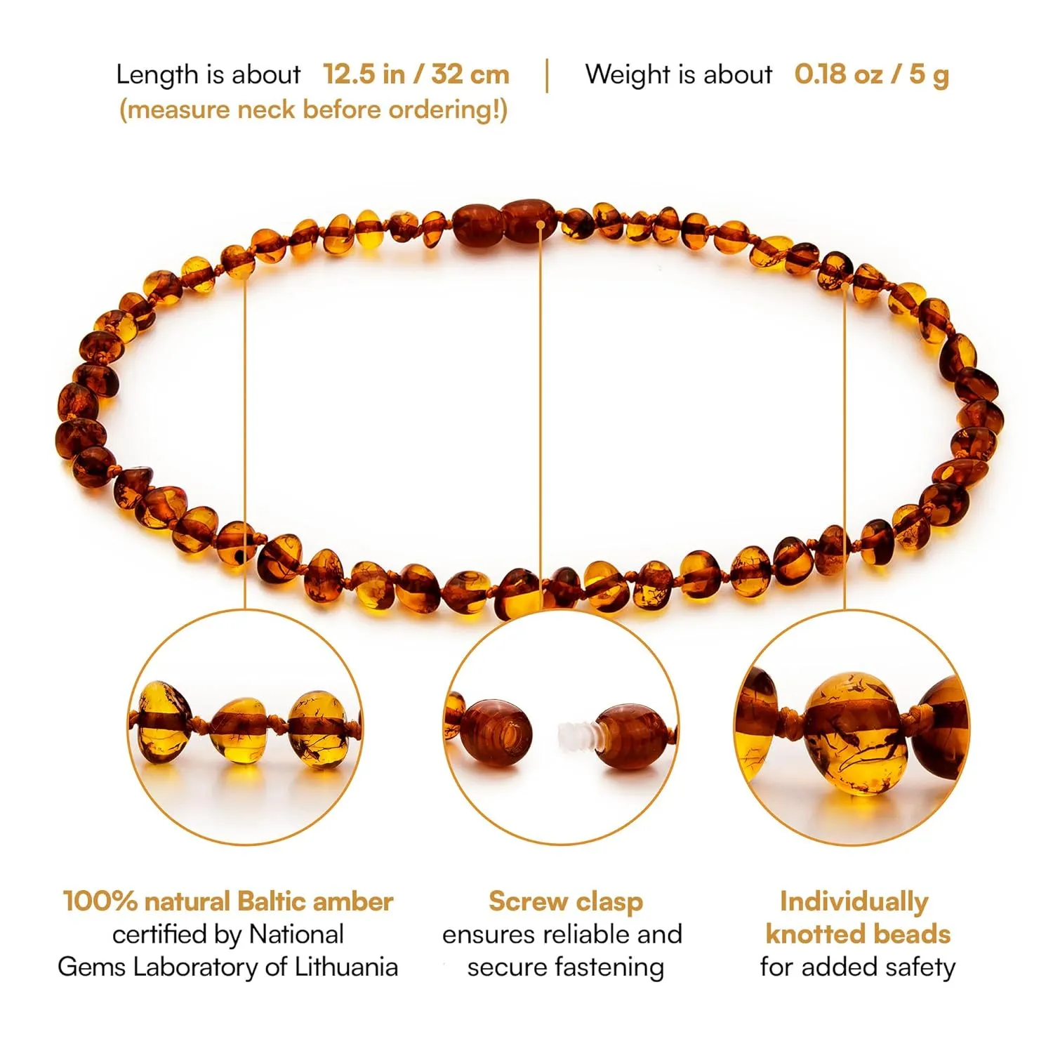 Baltic Amber Necklace (Authentic, Certified) - 12.5 inches - Unisex Jewelry - Cognac (Polished) - Real Amber Beads - Proud to Deliver Genuine Baltic Sea Wonder Handcrafted by Amber Guru