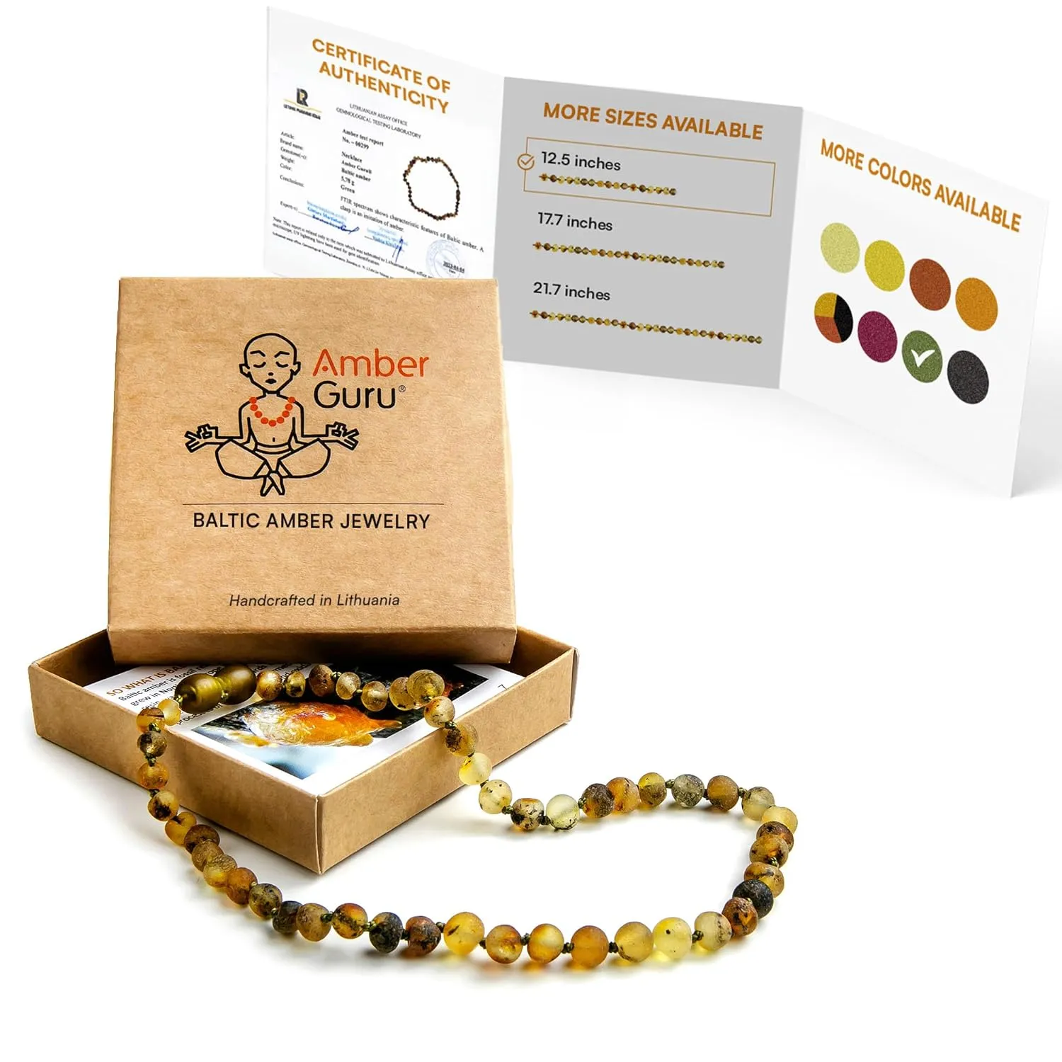 Baltic Amber Necklace (Authentic, Certified) - 12.5 inches - Unisex Jewelry - Green (Raw/Unpolished) - Real Amber Beads - Proud to Deliver Genuine Baltic Sea Wonder Handcrafted by Amber Guru