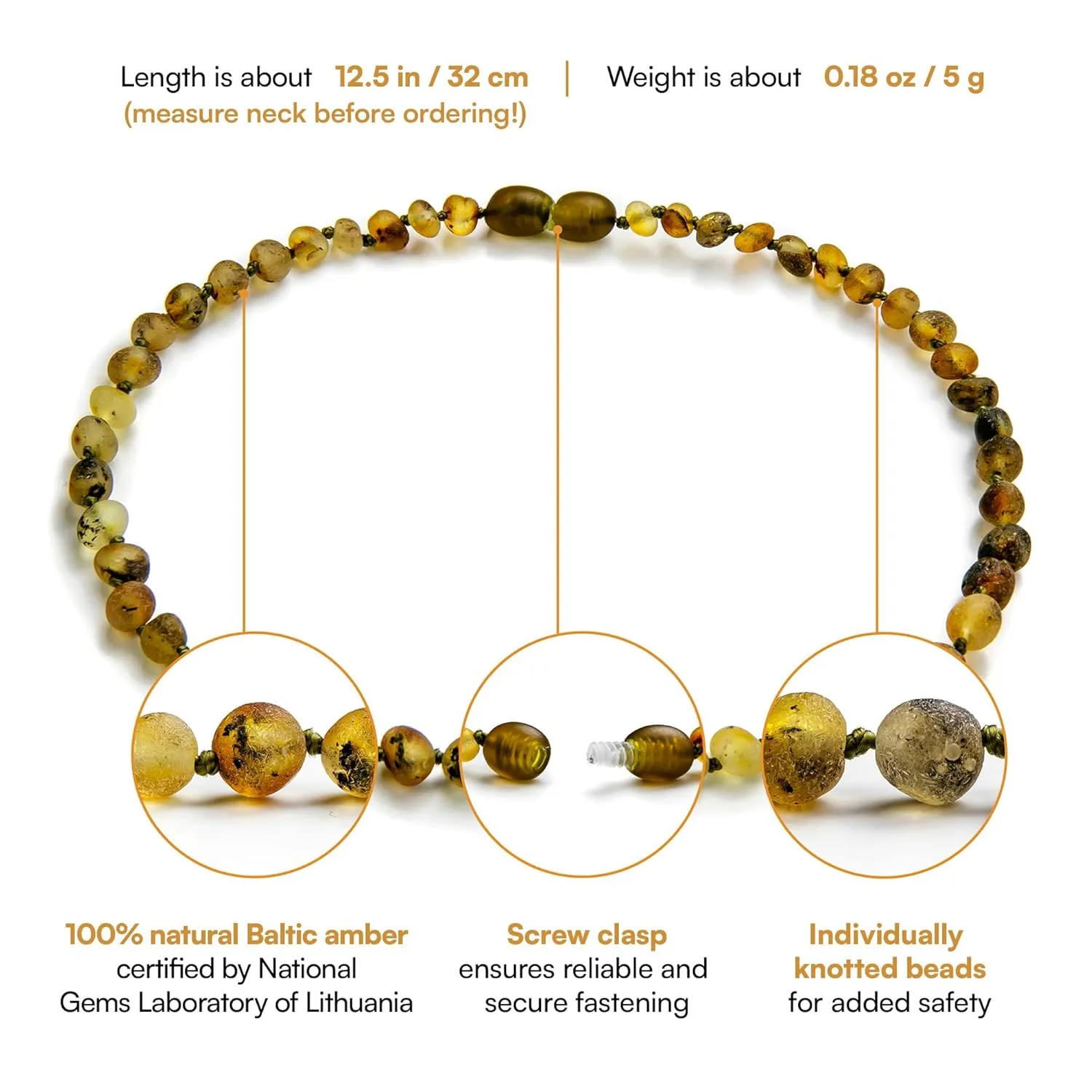 Baltic Amber Necklace (Authentic, Certified) - 12.5 inches - Unisex Jewelry - Green (Raw/Unpolished) - Real Amber Beads - Proud to Deliver Genuine Baltic Sea Wonder Handcrafted by Amber Guru