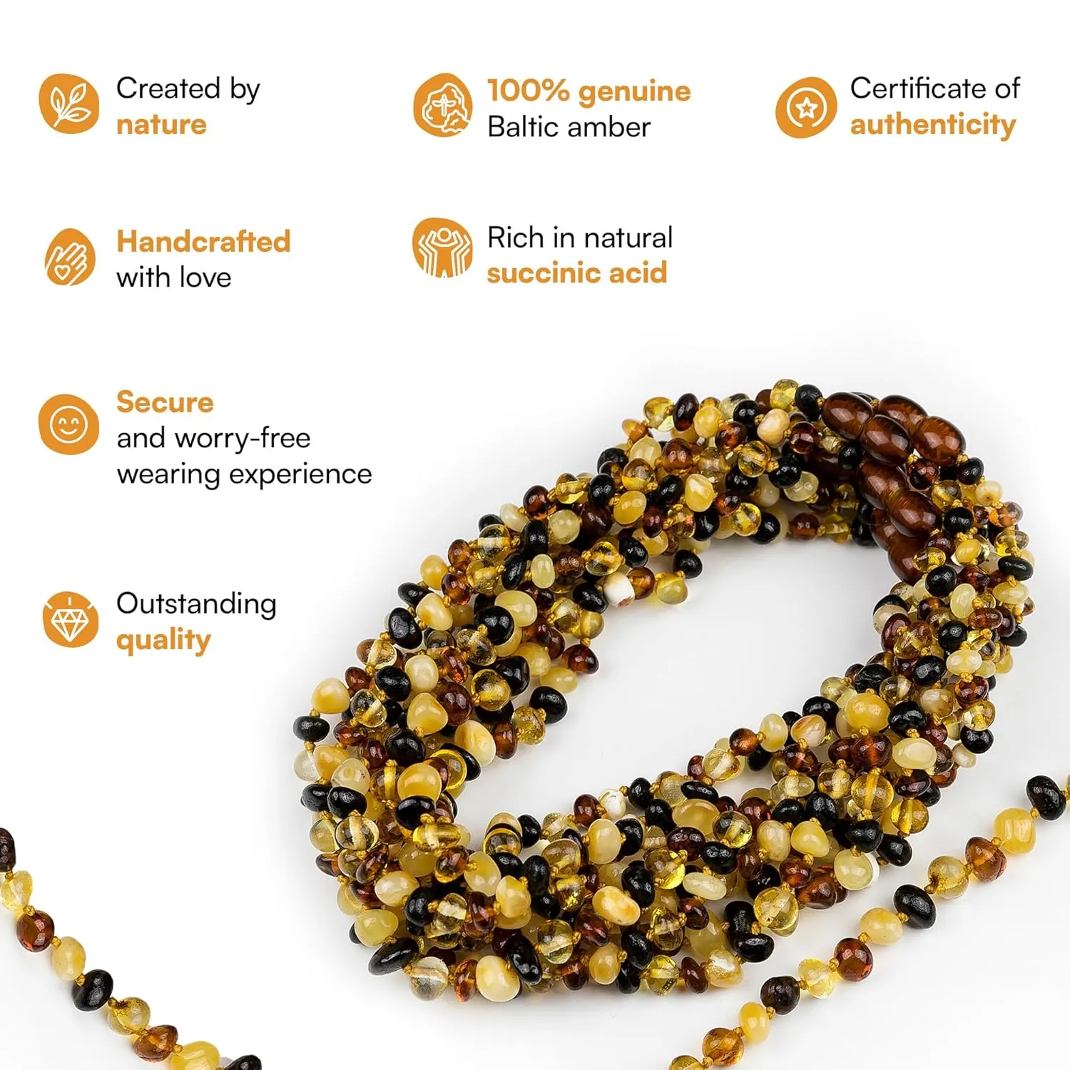 Baltic Amber Necklace for Women and Men (Authentic, Certified) - 17.7 inches, Multi (Polished) - Unisex Amber Jewelry for Adults - Amber Bead Necklace