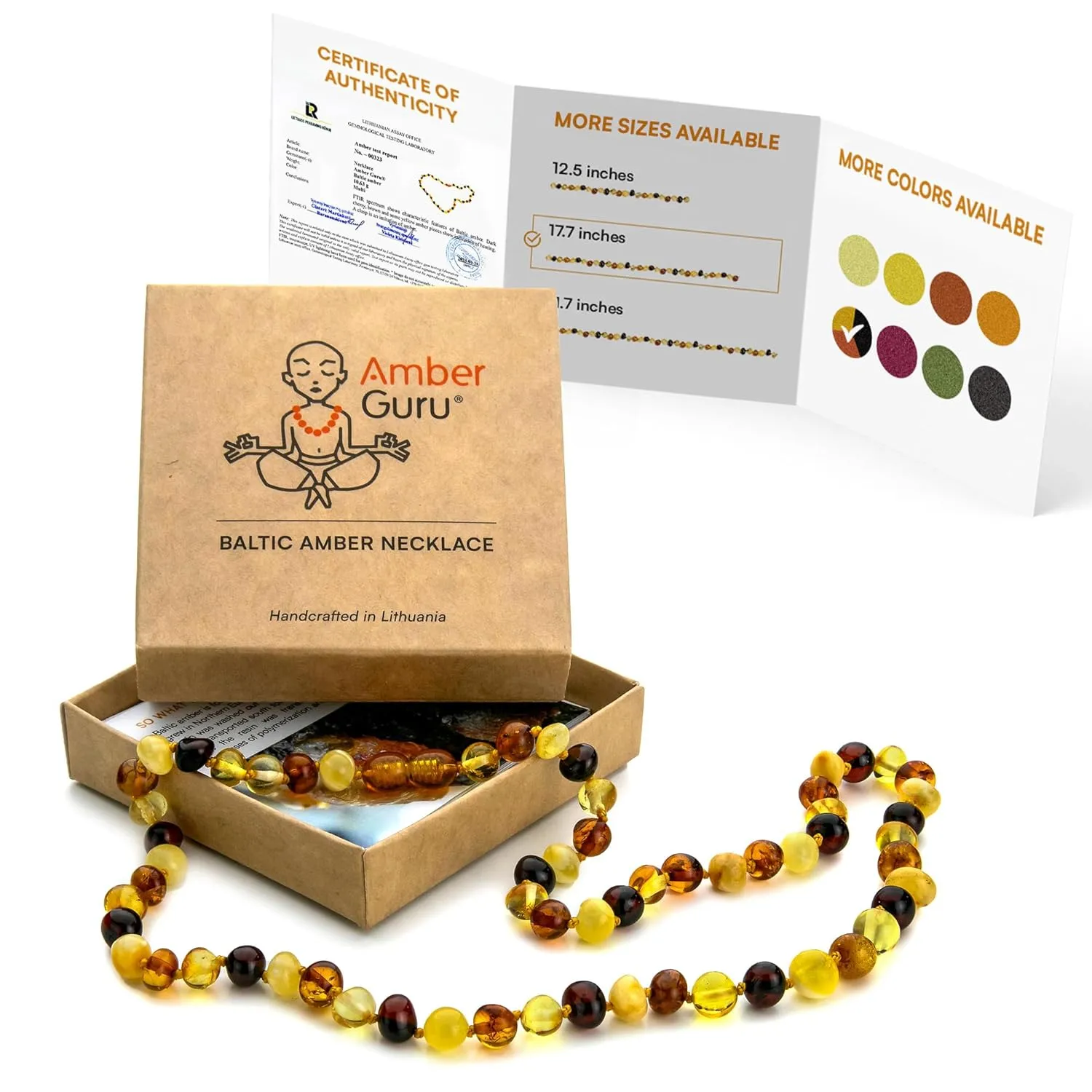 Baltic Amber Necklace for Women and Men (Authentic, Certified) - 17.7 inches, Multi (Polished) - Unisex Amber Jewelry for Adults - Amber Bead Necklace