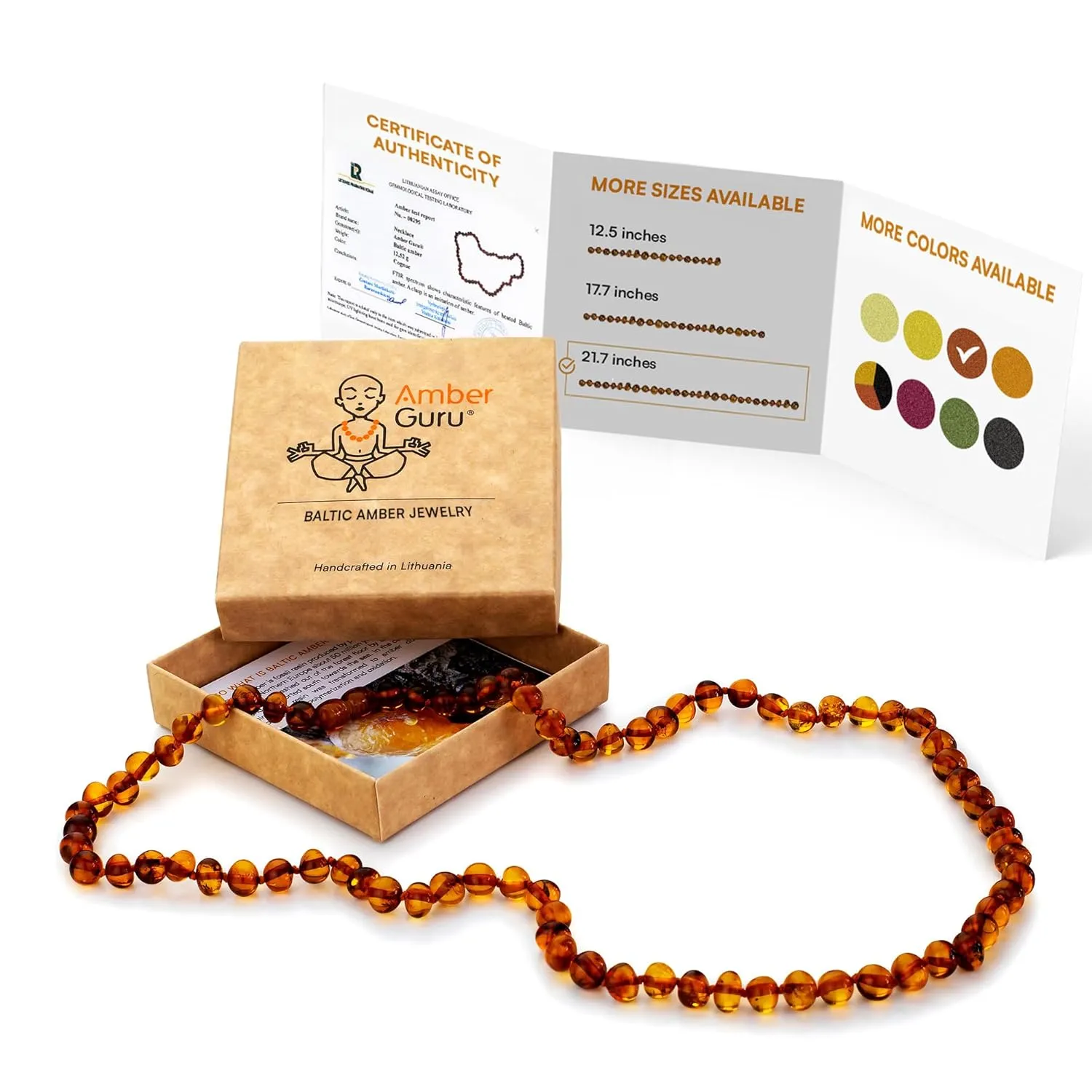 Baltic Amber Necklace for Women and Men (Authentic, Certified) - 21.7 inches, Cognac (Polished) - Unisex Amber Jewelry for Adults - Amber Bead Necklace