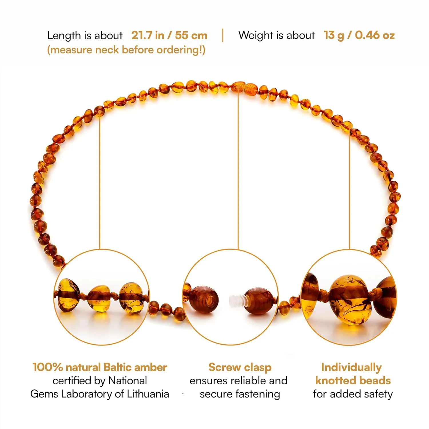 Baltic Amber Necklace for Women and Men (Authentic, Certified) - 21.7 inches, Cognac (Polished) - Unisex Amber Jewelry for Adults - Amber Bead Necklace