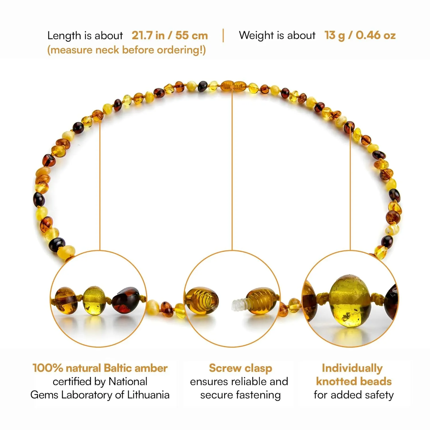 Baltic Amber Necklace for Women and Men (Authentic, Certified) - 21.7 inches, Multi (Polished) - Unisex Amber Jewelry for Adults - Amber Bead Necklace