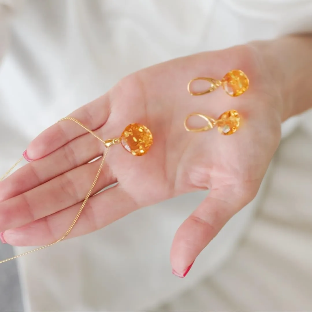 Baltic Amber Pendant for Women, Sparkling Amber Drop, Gold Plated Sterling Silver Necklace, Cognac Color Jewelry for Ladies, 18 inch gold plated chain