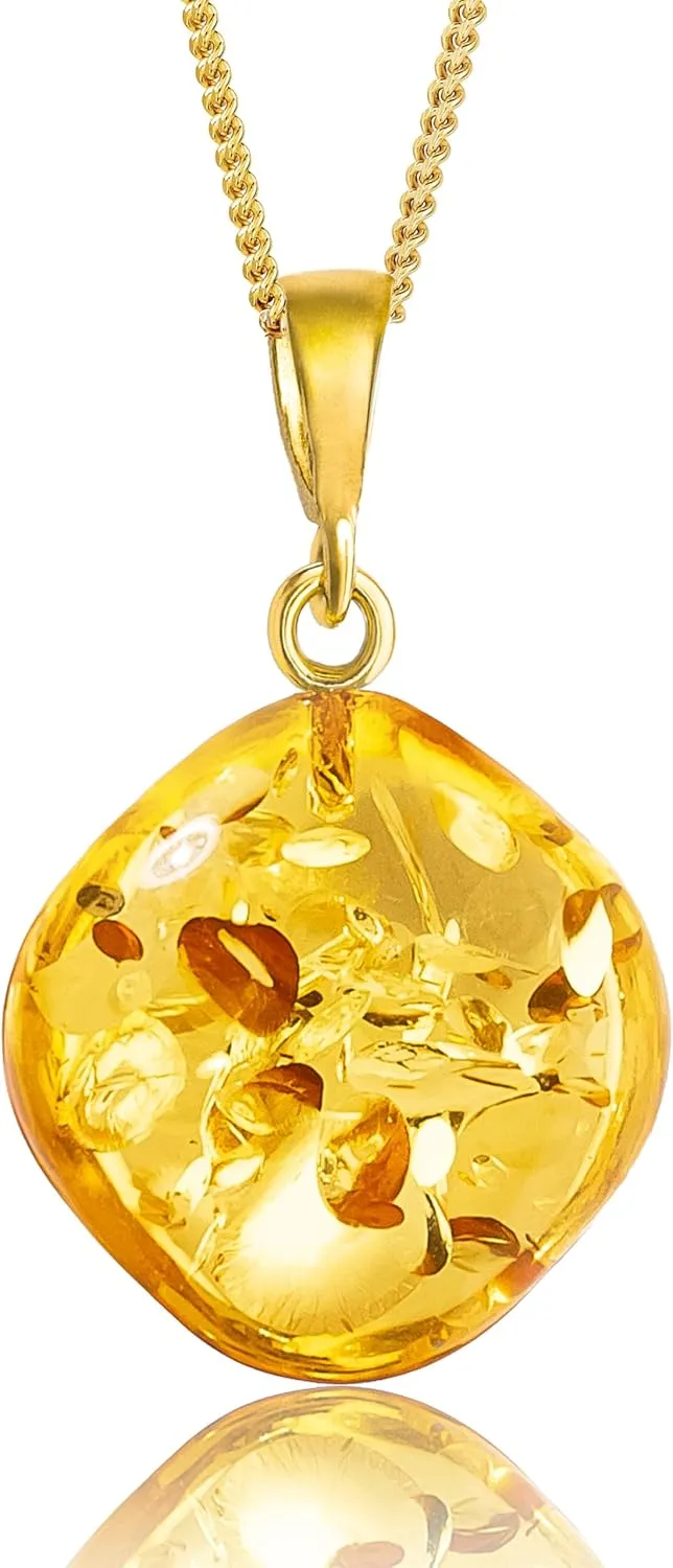 Baltic Amber Pendant for Women, Sparkling Amber Drop, Gold Plated Sterling Silver Necklace, Cognac Color Jewelry for Ladies, 18 inch gold plated chain