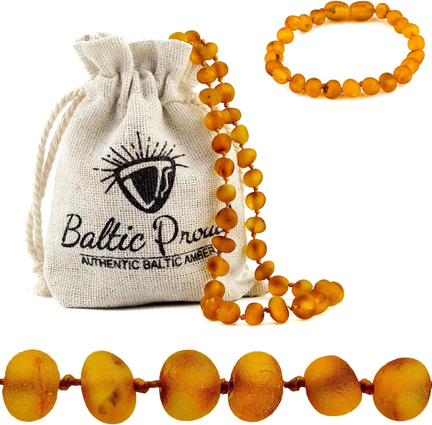 Baltic Proud Raw Amber Necklace and Bracelet Gift Set (Unisex Honey Raw 12.5 Inches/5.5 Inches) - Certified Premium Quality Raw Baltic Sea Amber