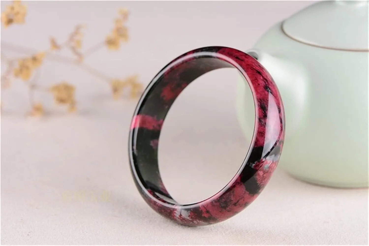 Bangles for Womens,Natural Pink Jade Bangle Bracelet Pink Black Flower Gemstone Jade Bracelet Authentic Jadeite Jade Jade Jewelry Real Jade (Gem Color : 61 62MM