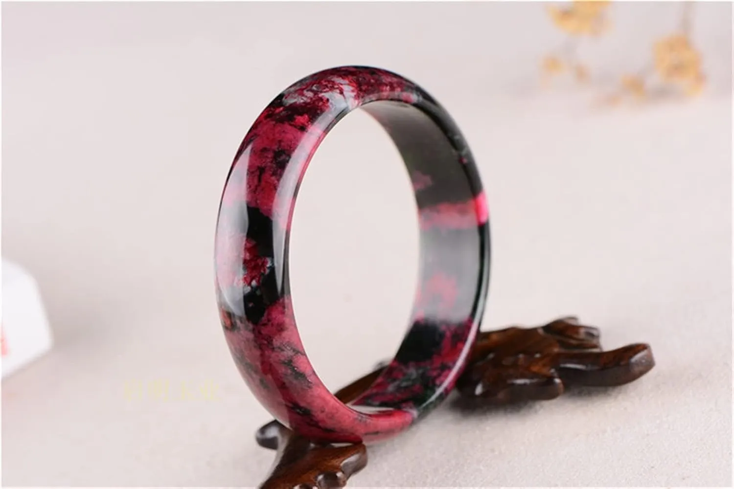 Bangles for Womens,Natural Pink Jade Bangle Bracelet Pink Black Flower Gemstone Jade Bracelet Authentic Jadeite Jade Jade Jewelry Real Jade (Gem Color : 61 62MM