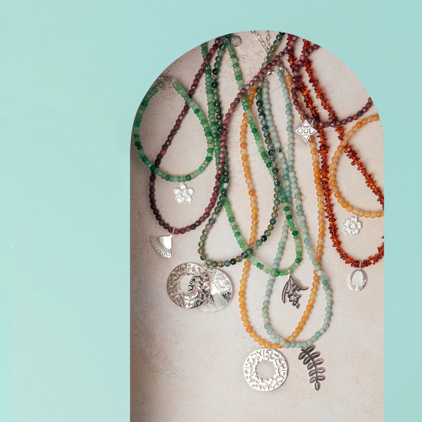 Banksia Oval Pendant on Amber Beaded Necklace