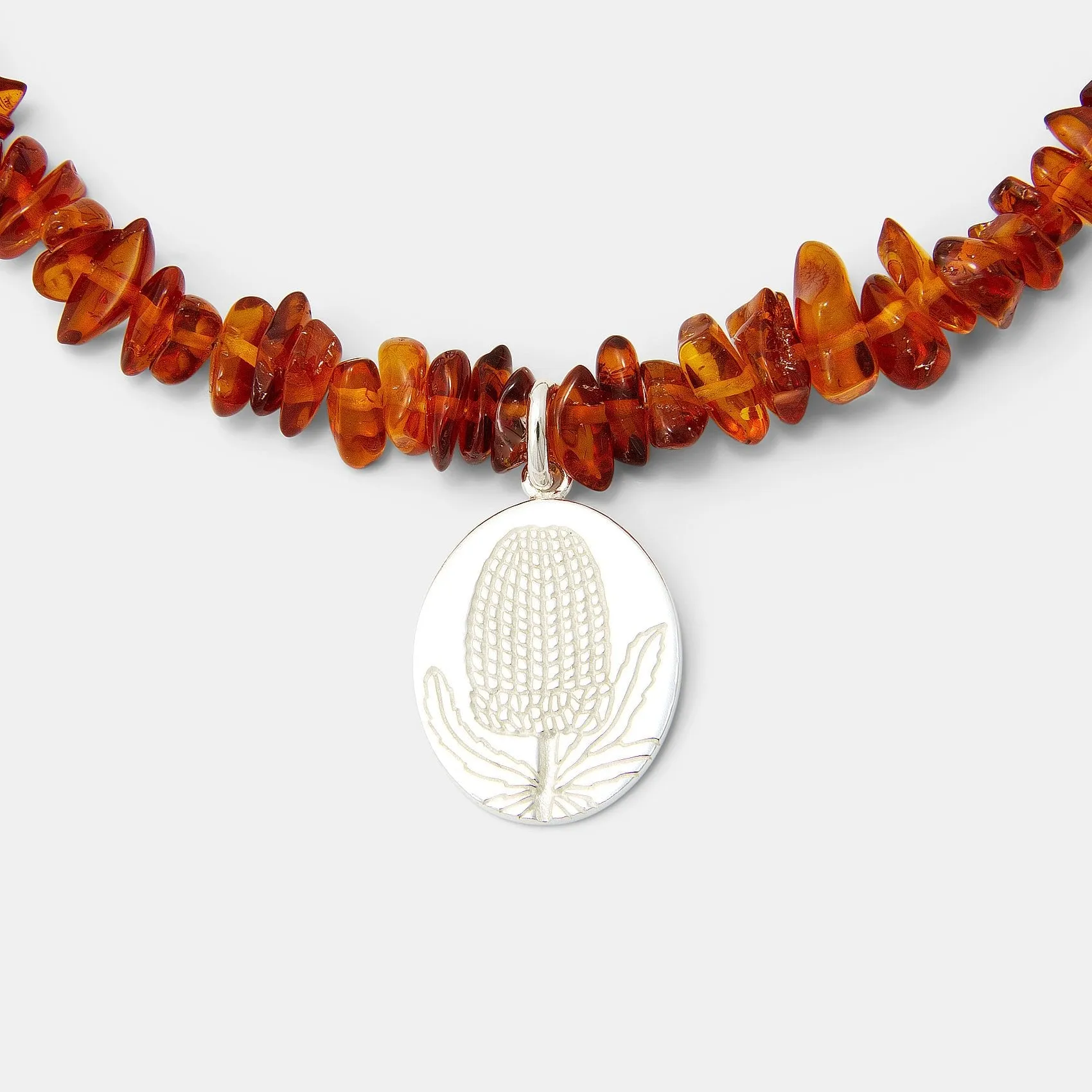 Banksia Oval Pendant on Amber Beaded Necklace