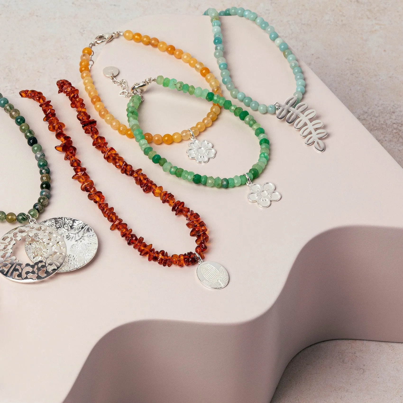 Banksia Oval Pendant on Amber Beaded Necklace