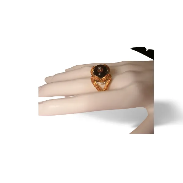 Beautiful 14K Yellow Gold Diamond Cabochon Smokey Quartz Sapphire Ring