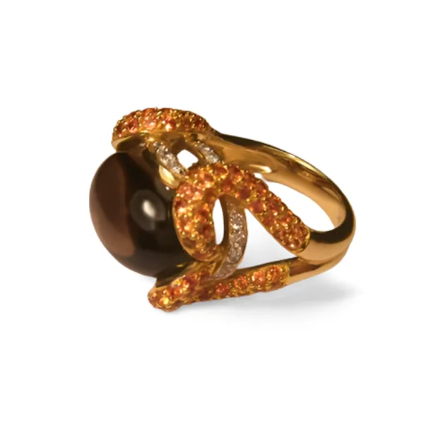 Beautiful 14K Yellow Gold Diamond Cabochon Smokey Quartz Sapphire Ring