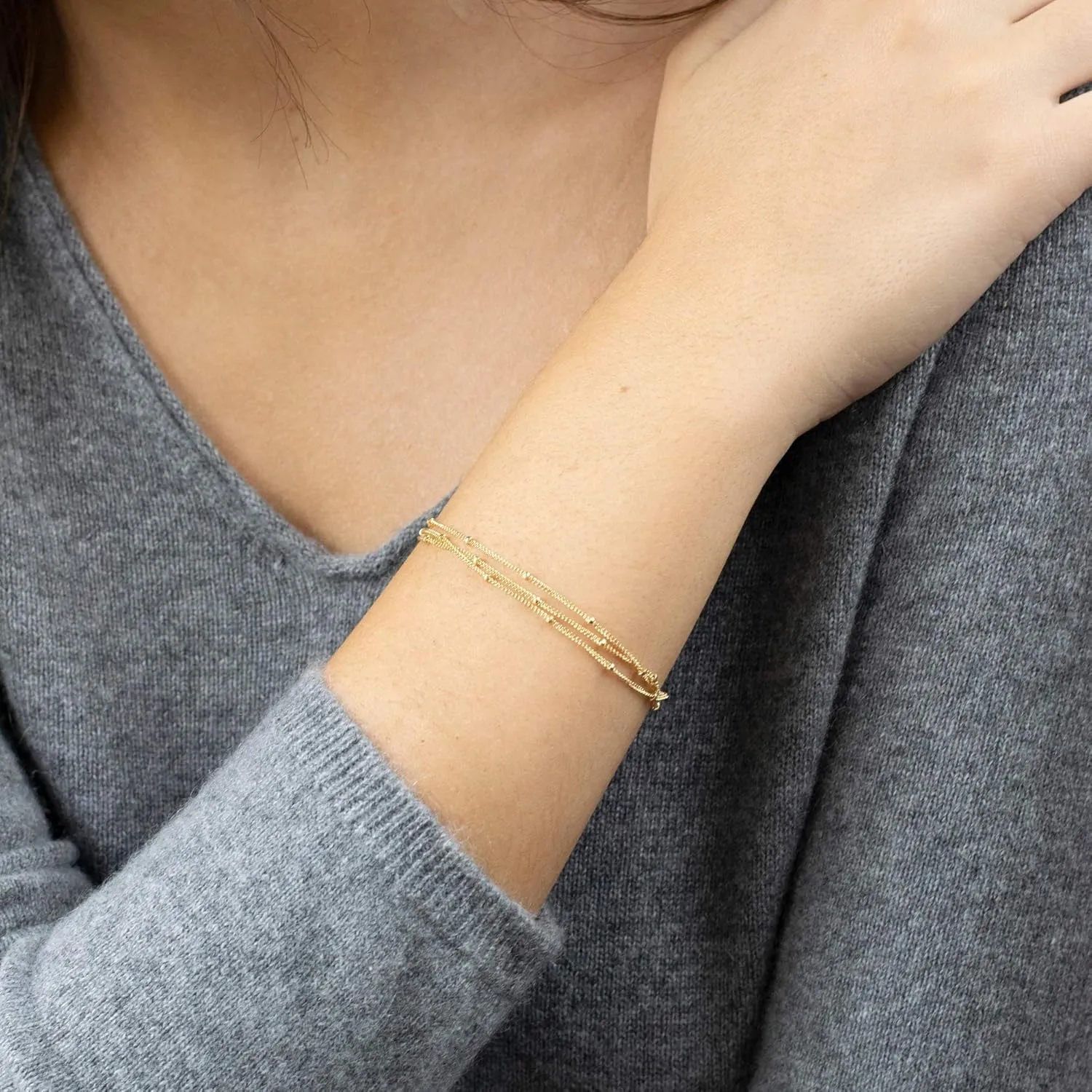 BENEIGE Women Bracelet 14K Gold Plated Paperclip Satellite Bead Ball Oval Cuba Cable Box Chain Daily Charm Layered Link Silver Bracelets Adjustable Jewelry