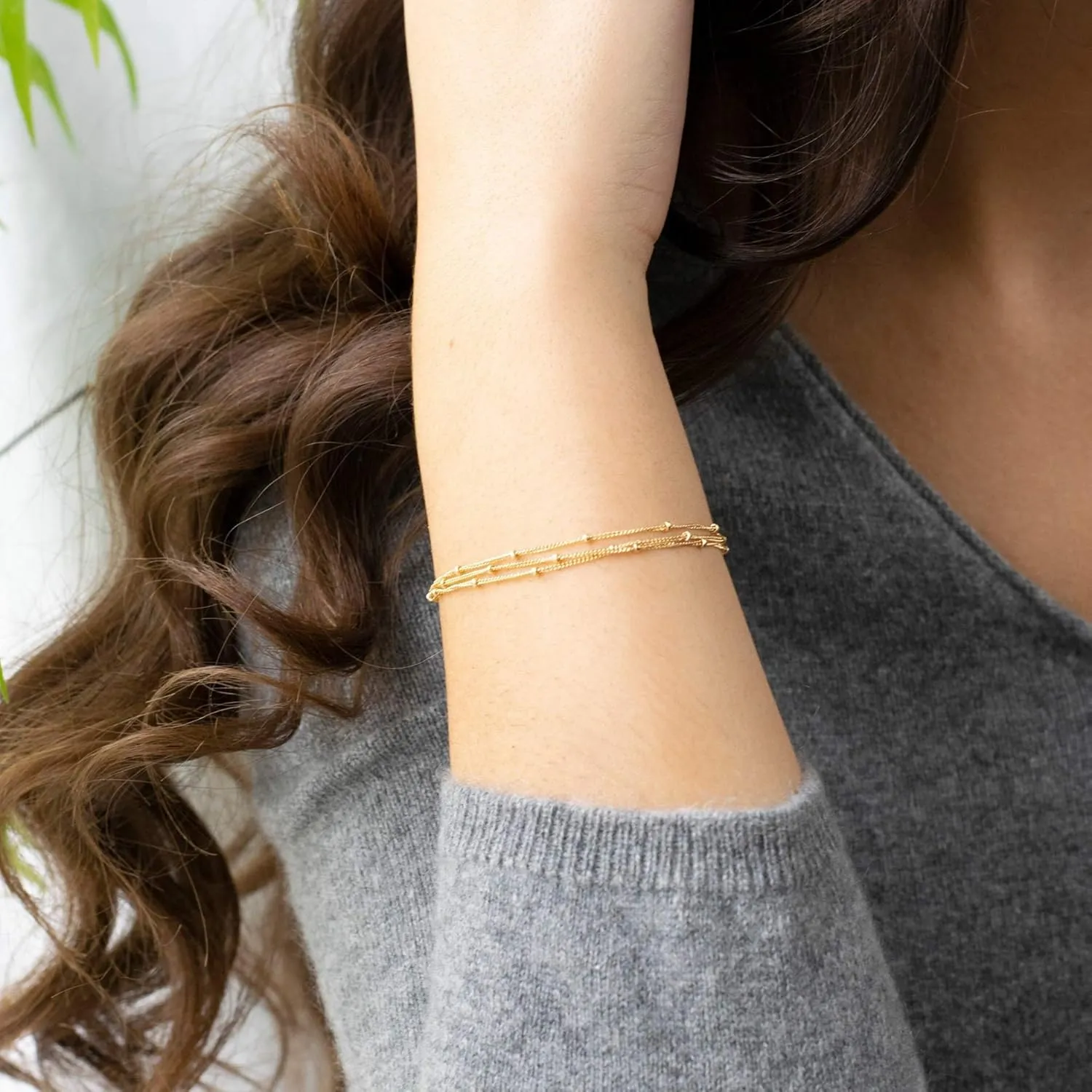 BENEIGE Women Bracelet 14K Gold Plated Paperclip Satellite Bead Ball Oval Cuba Cable Box Chain Daily Charm Layered Link Silver Bracelets Adjustable Jewelry