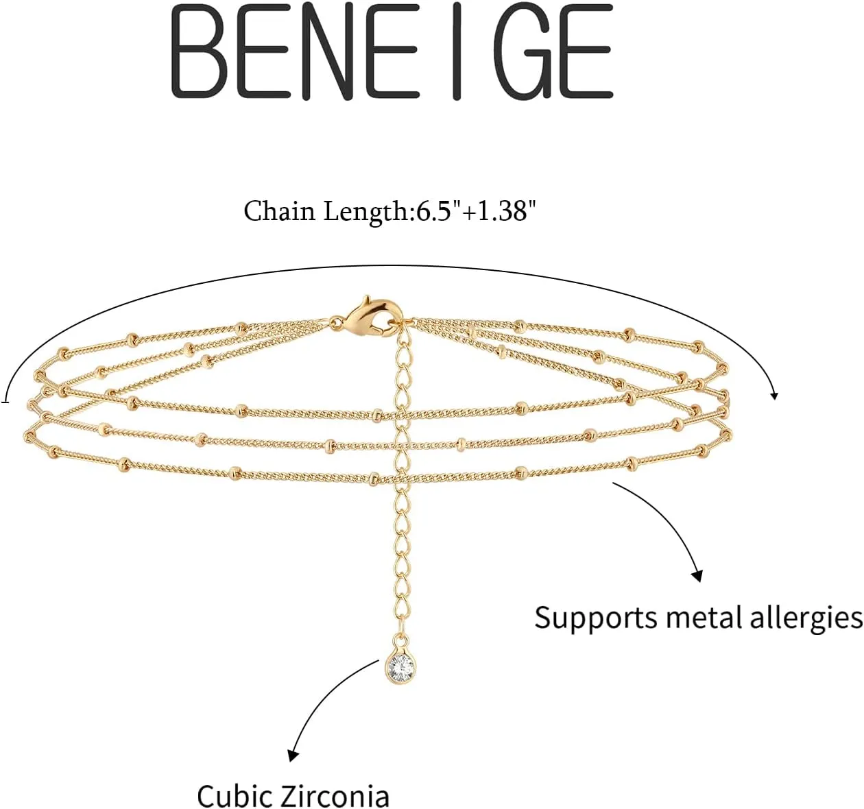 BENEIGE Women Bracelet 14K Gold Plated Paperclip Satellite Bead Ball Oval Cuba Cable Box Chain Daily Charm Layered Link Silver Bracelets Adjustable Jewelry