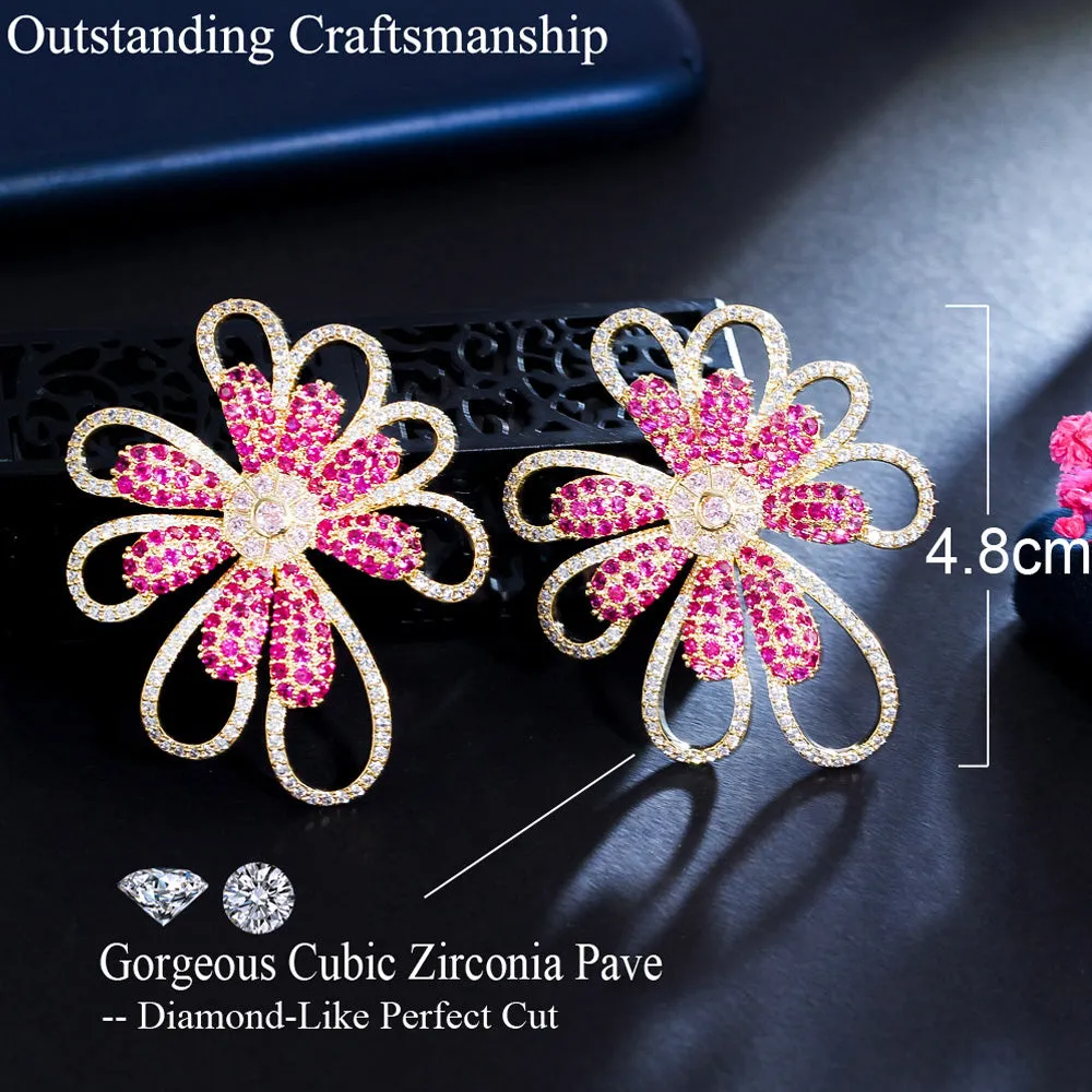 Big Rose Red Flower CZ Zircon Yellow Gold Statement Drop Earrings