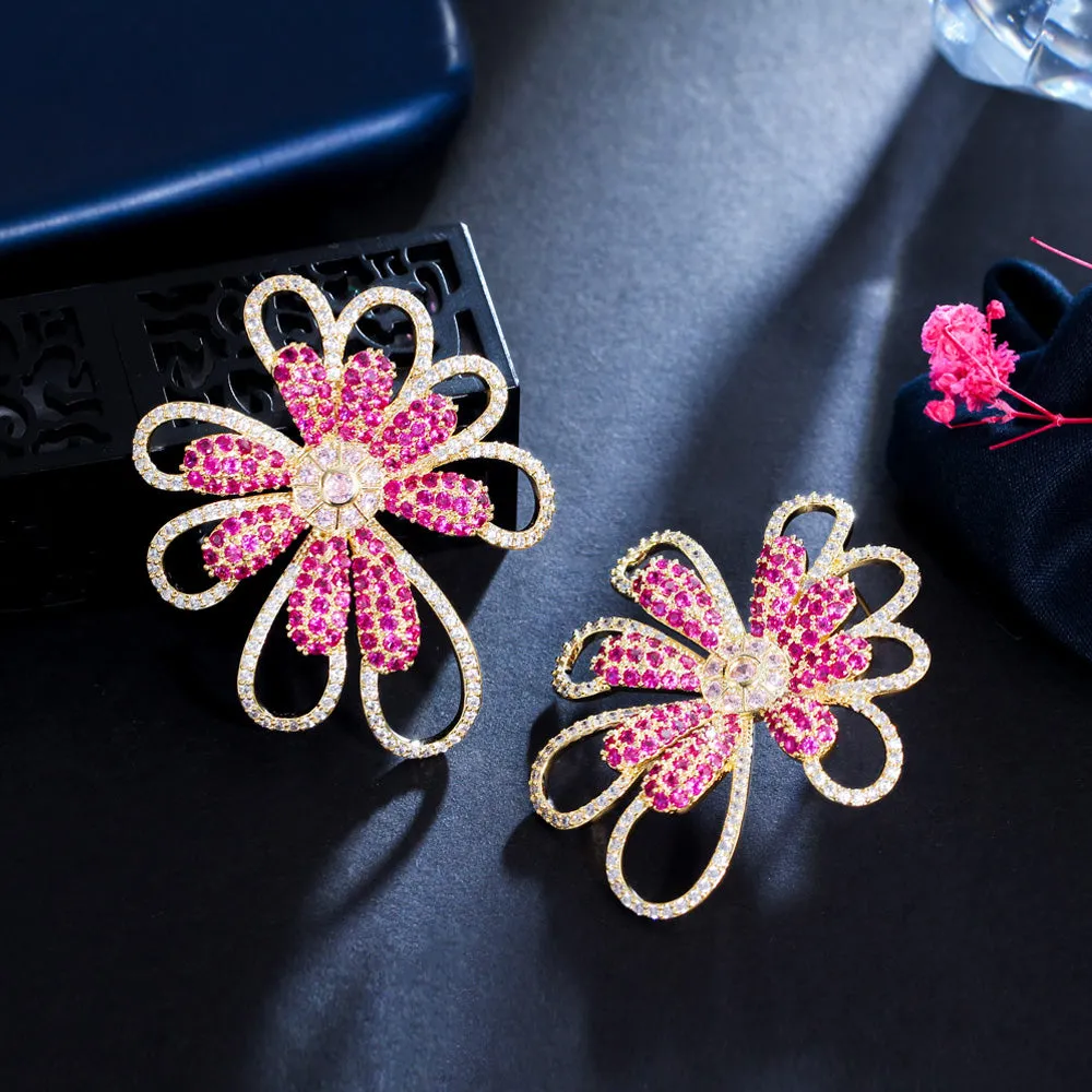 Big Rose Red Flower CZ Zircon Yellow Gold Statement Drop Earrings